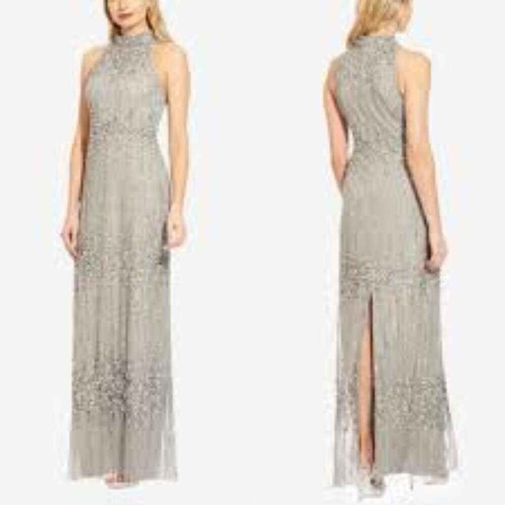 Women's Adrianna Papell Beaded Halter Column Dress in Blue Mist